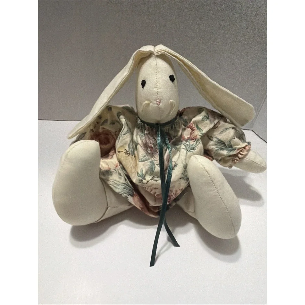 Vintage Handmade Cloth Bunny Rabbit Plush Floral Dress Primitive Cottagecore Toy